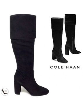COLE HAAN BLACK SUEDE TESS CUFF KNEE HIGH BOOTS BLOCK HEEL LEATHER BOOTS 6